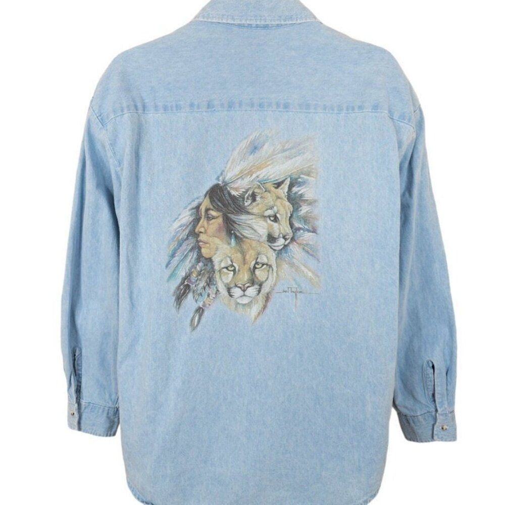 Vintage Jan Taylor Art Denim Shirt Mens Size XL Blue 90s Made In USA Cougar
